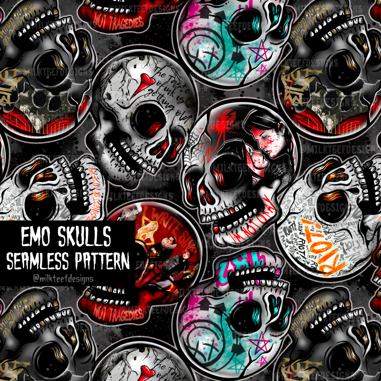 Emo Skulls - Seamless Pattern