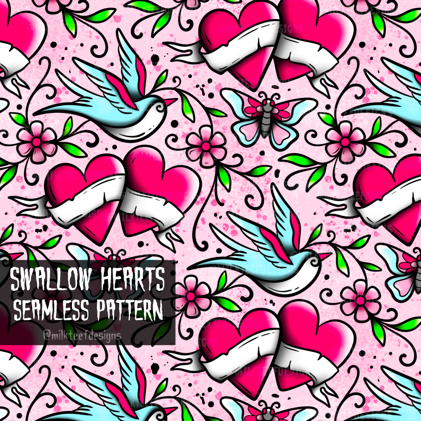 Swallow Hearts / Seamless Pattern