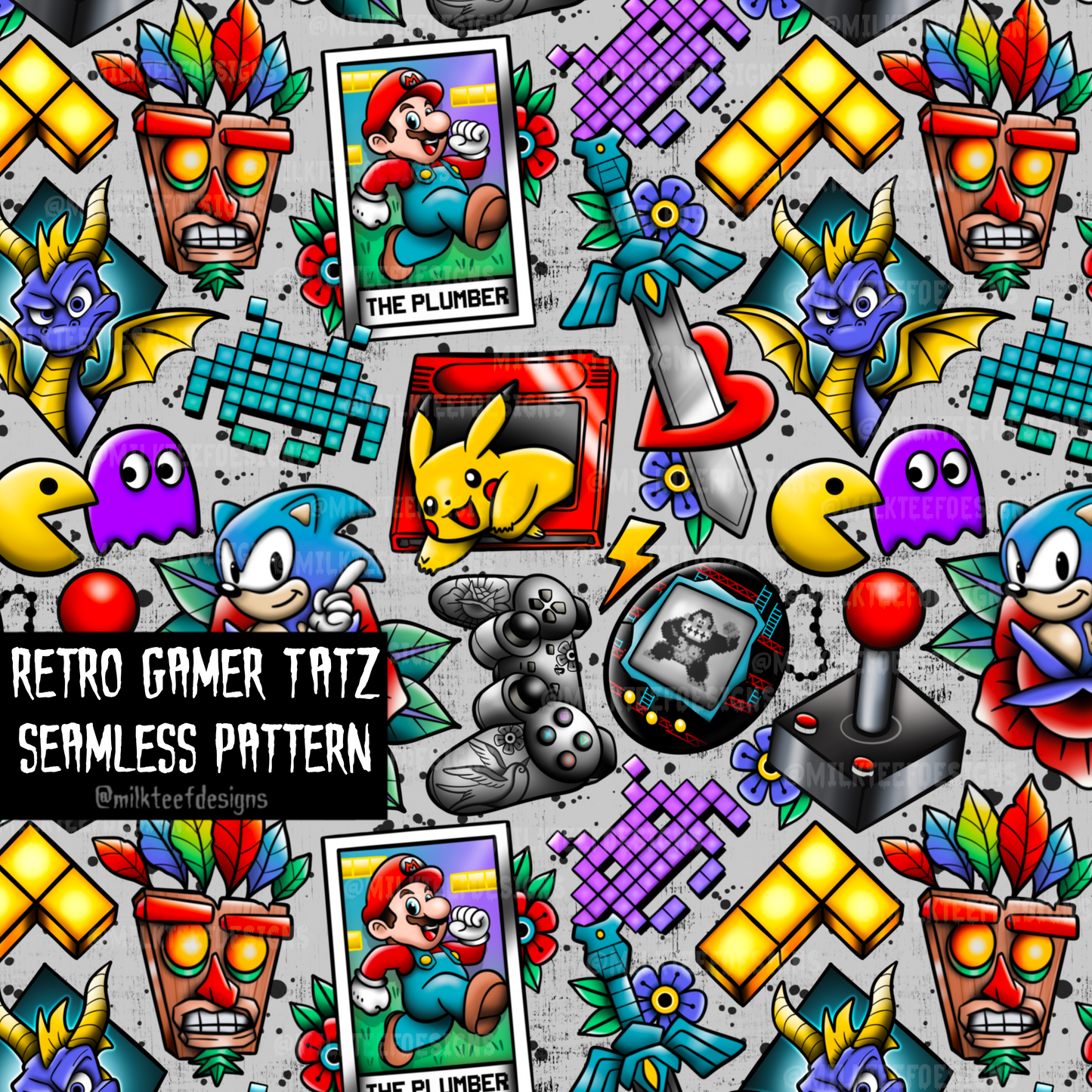 Retro Gamer Tatz / Seamless Pattern
