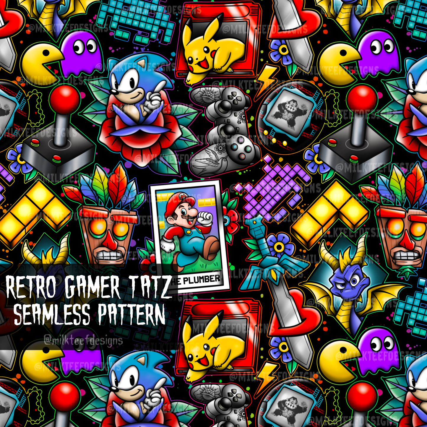 Retro Gamer Tatz / Seamless Pattern