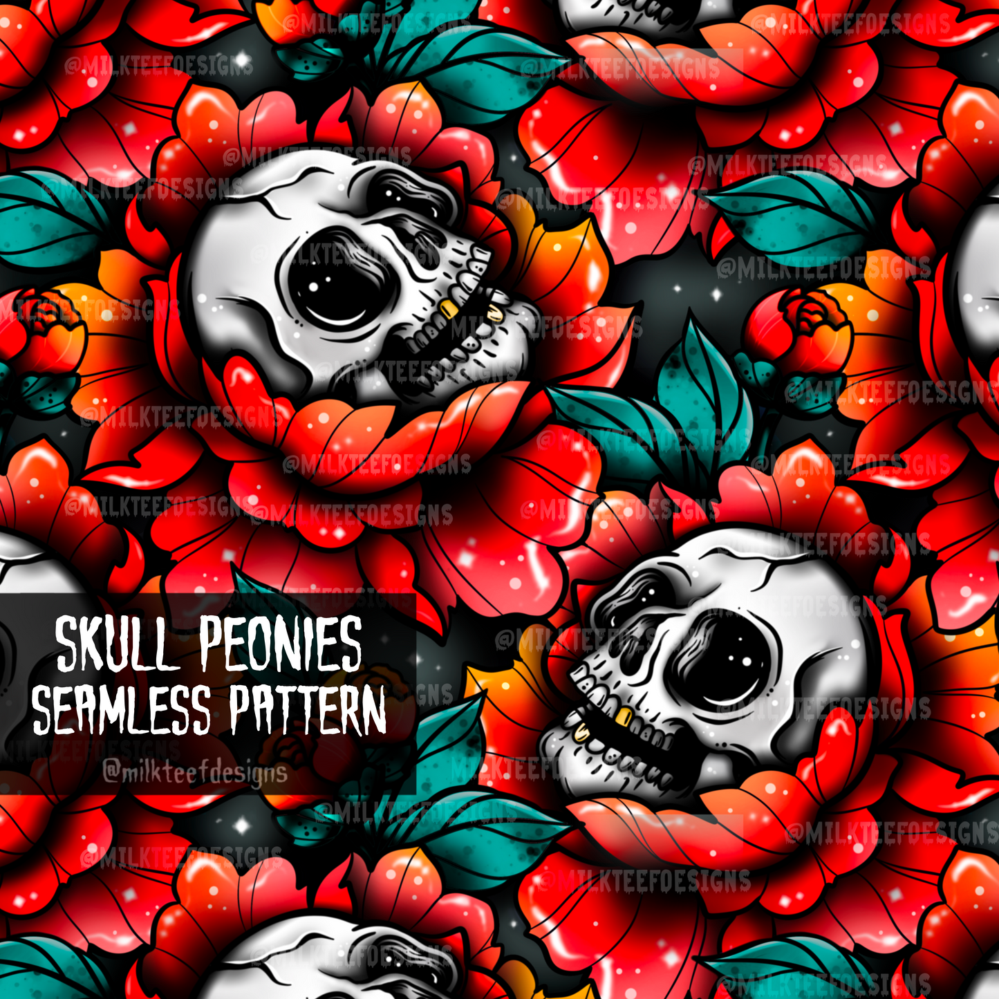 Skull Peonies / Seamless Pattern