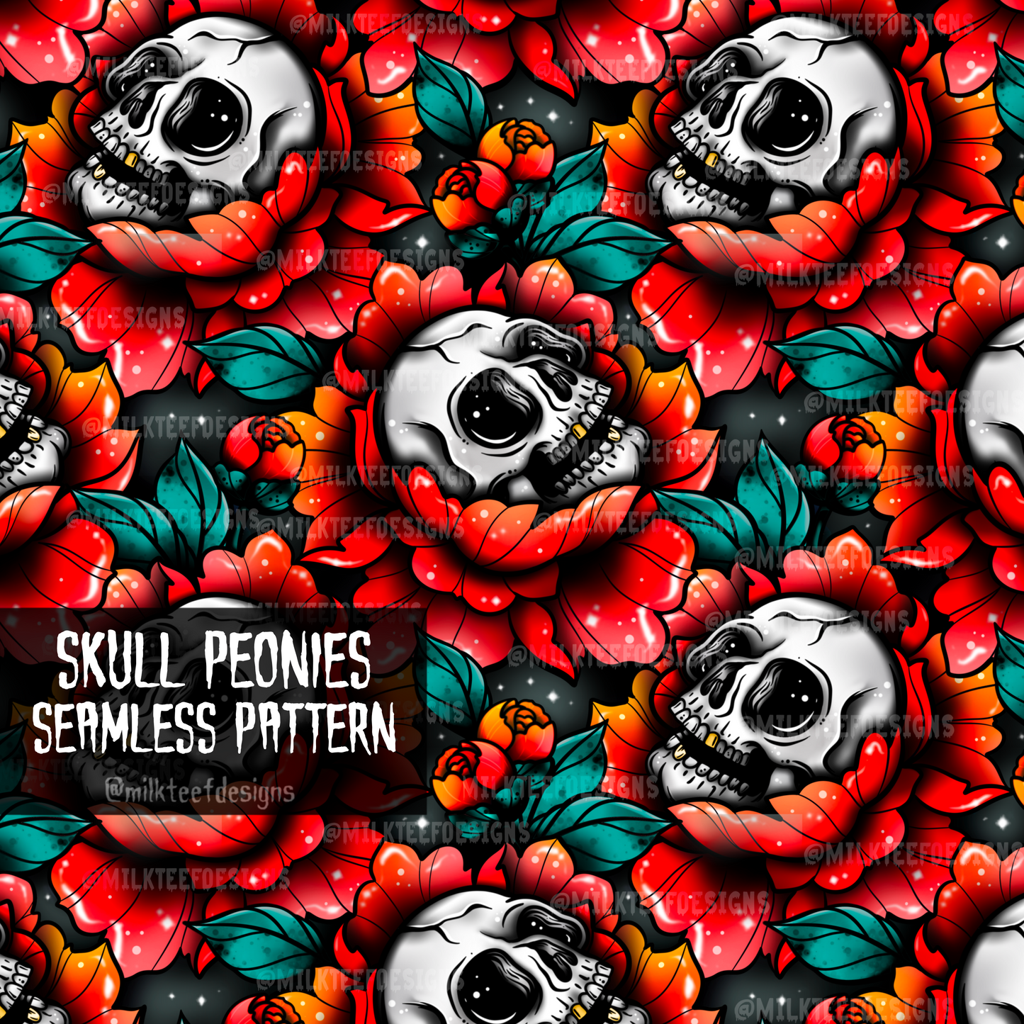 Skull Peonies / Seamless Pattern