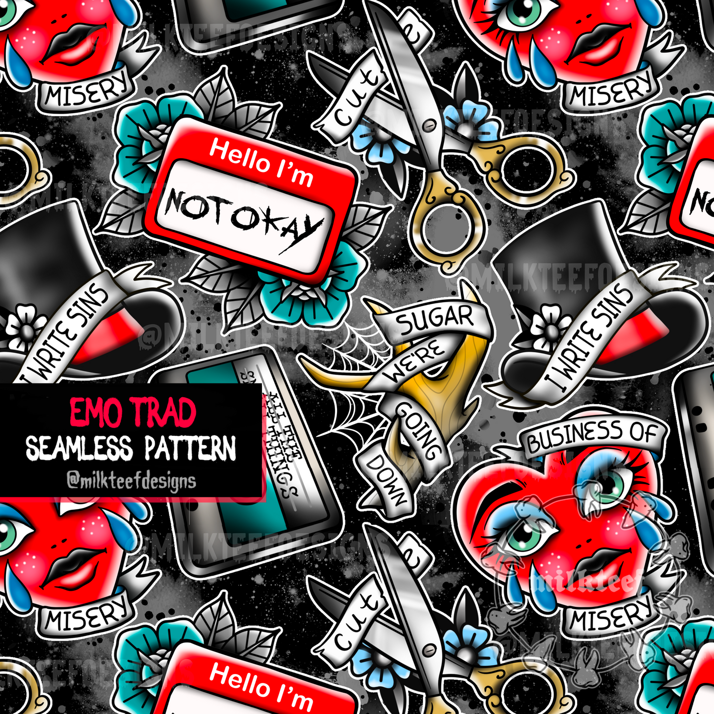 Emo Trad (Black) - Seamless Pattern